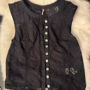 Free People Black Lace Button-Up Top